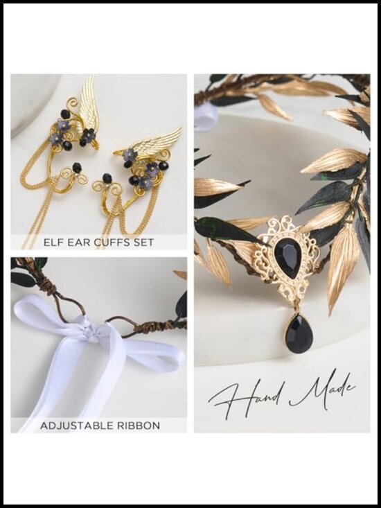 Fairy Flower Leaf Crown Tiara Elf Headpiece Cosplay Headband with Ear Cuffs main image 6